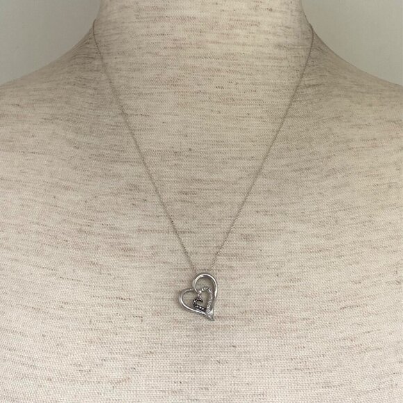 Sterling Silver 925 Diamond Open Heart Asymmetric Pendant Necklace 18" Chain - Picture 2 of 16